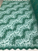 Green - Beaded Embroidery Wavy Flower Pattern Fabric Lace Elegant Dress Fabric By The Yard