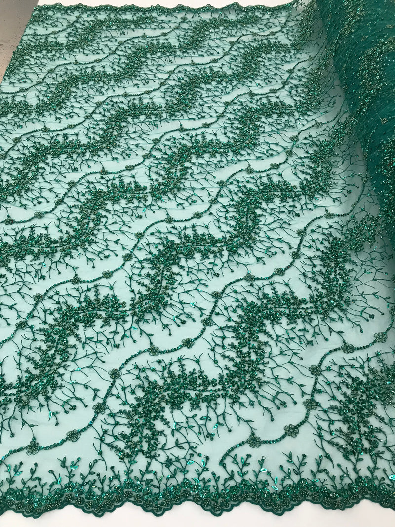 Green - Beaded Embroidery Wavy Flower Pattern Fabric Lace Elegant Dress Fabric By The Yard