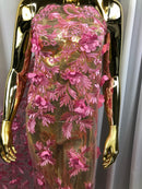 3D Embroided Flower Pattern Fabric with Two Tone Leaf Color - Pink - Elegant 3D Flowers By The Yard