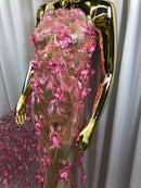 3D Embroided Flower Pattern Fabric with Two Tone Leaf Color - Pink - Elegant 3D Flowers By The Yard