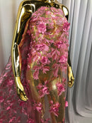 3D Embroided Flower Pattern Fabric with Two Tone Leaf Color - Pink - Elegant 3D Flowers By The Yard