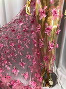 3D Embroided Flower Pattern Fabric with Two Tone Leaf Color - Pink - Elegant 3D Flowers By The Yard
