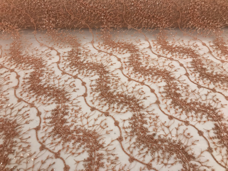 Peach - Beaded Embroidery Wavy Flower Pattern Fabric Lace Elegant Dress Fabric By The Yard