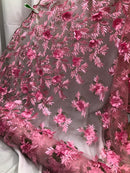 3D Embroided Flower Pattern Fabric with Two Tone Leaf Color - Pink - Elegant 3D Flowers By The Yard