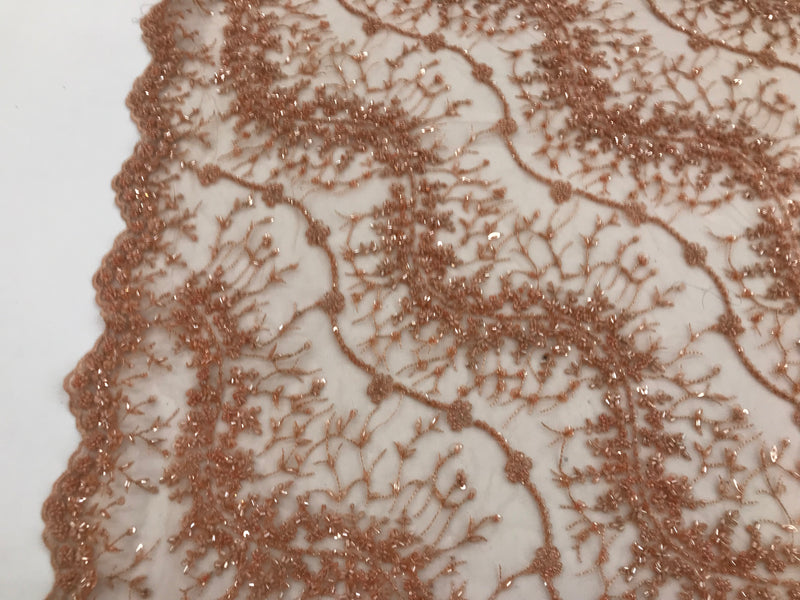 Peach - Beaded Embroidery Wavy Flower Pattern Fabric Lace Elegant Dress Fabric By The Yard
