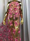 3D Embroided Flower Pattern Fabric with Two Tone Leaf Color - Pink - Elegant 3D Flowers By The Yard