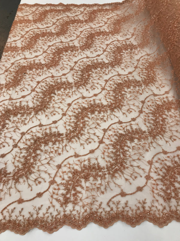 Peach - Beaded Embroidery Wavy Flower Pattern Fabric Lace Elegant Dress Fabric By The Yard