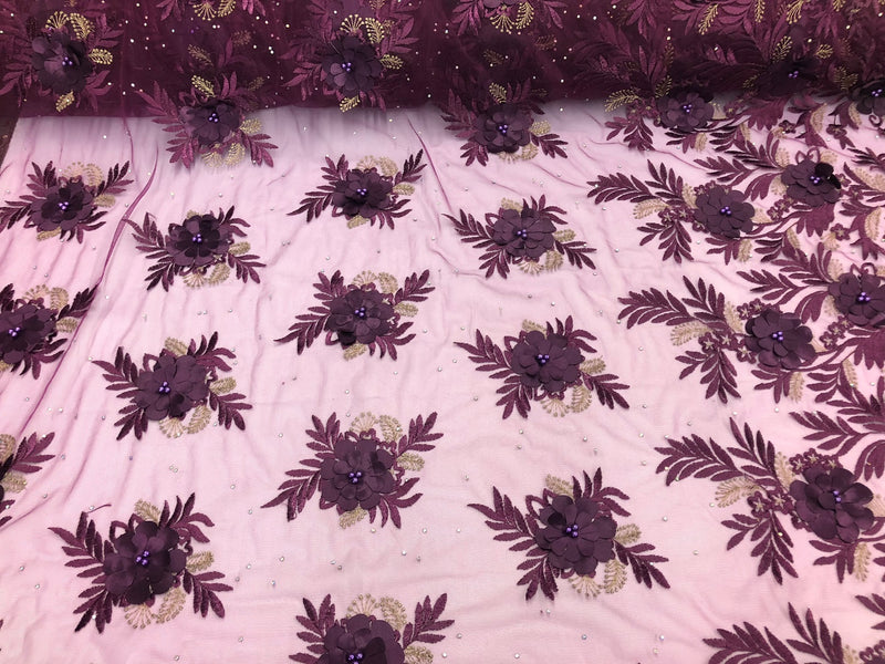 3D Embroided Flower Pattern Fabric with Two Tone Leaf Color Purple - Elegant 3D Flowers By The Yard