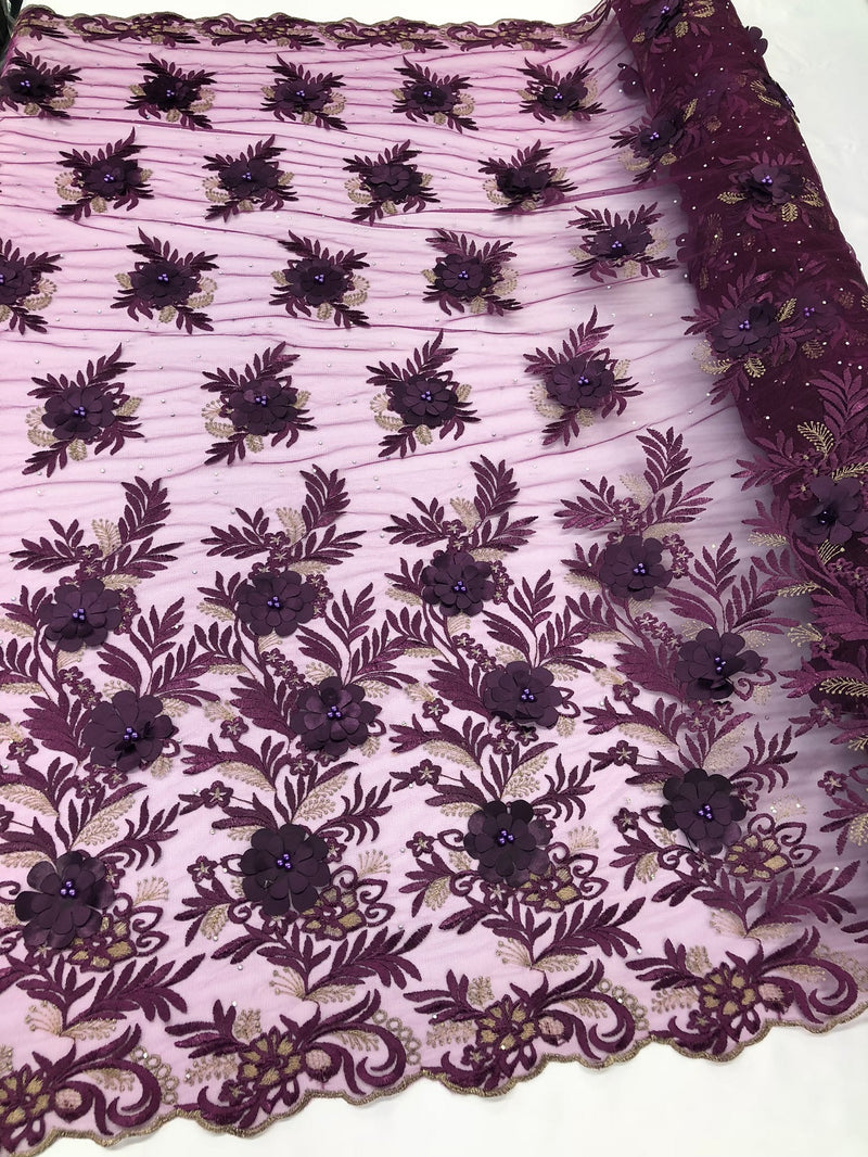3D Embroided Flower Pattern Fabric with Two Tone Leaf Color Purple - Elegant 3D Flowers By The Yard