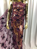 3D Embroided Flower Pattern Fabric with Two Tone Leaf Color Purple - Elegant 3D Flowers By The Yard