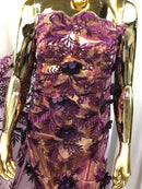 3D Embroided Flower Pattern Fabric with Two Tone Leaf Color Purple - Elegant 3D Flowers By The Yard