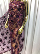 3D Embroided Flower Pattern Fabric with Two Tone Leaf Color Purple - Elegant 3D Flowers By The Yard