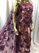 3D Embroided Flower Pattern Fabric with Two Tone Leaf Color Purple - Elegant 3D Flowers By The Yard