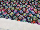 Sugar Skull Fabric - Black Glitter - Sugar Skull Day of The Dead Spandex Fabric By Yard