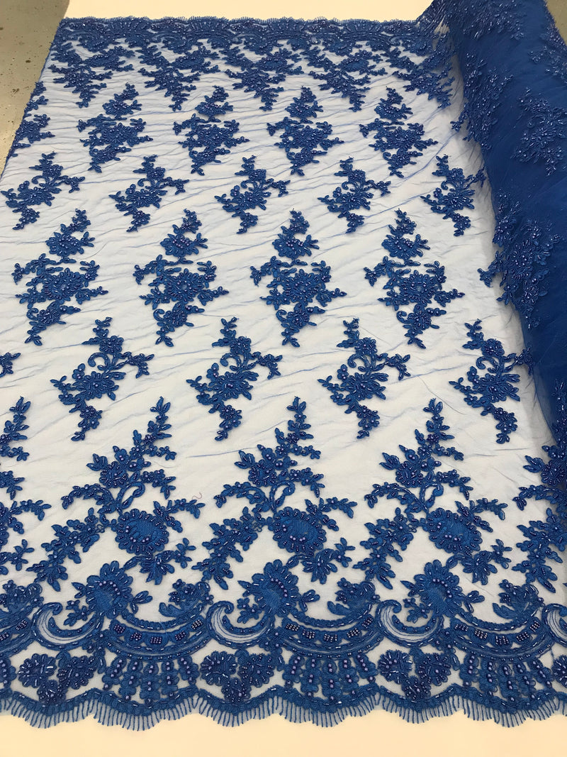 Royal Blue - Floral Hand Beaded Embroidered Pattern Bridal Lace Wedding Fabric Sold by The Yard