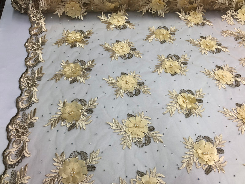 3D Embroided Flower Pattern Fabric with Two Tone Leaf Color Cream - Elegant 3D Flowers by The Yard