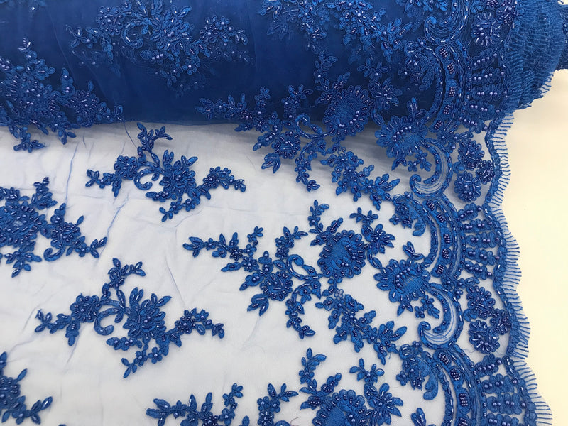 Royal Blue - Floral Hand Beaded Embroidered Pattern Bridal Lace Wedding Fabric Sold by The Yard