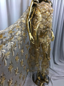 3D Embroided Flower Pattern Fabric with Two Tone Leaf Color Cream - Elegant 3D Flowers by The Yard