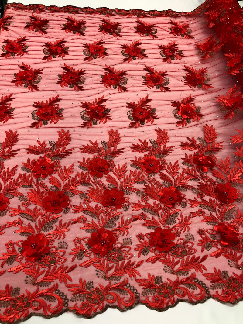 3D Embroided Flower Pattern Fabric with Two Tone Leaf Color - Red - Elegant 3D Flowers By The Yard