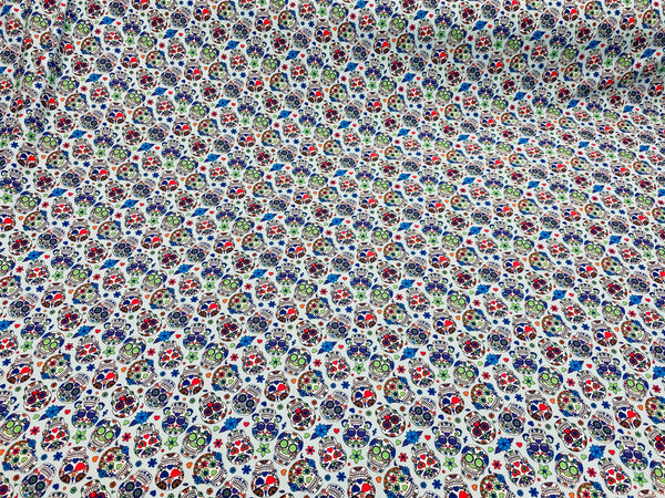 Sugar Skull Print - Baby Blue - Sugar Skull Day of The Dead Dia De Los Muertos Spandex Fabric By Yard
