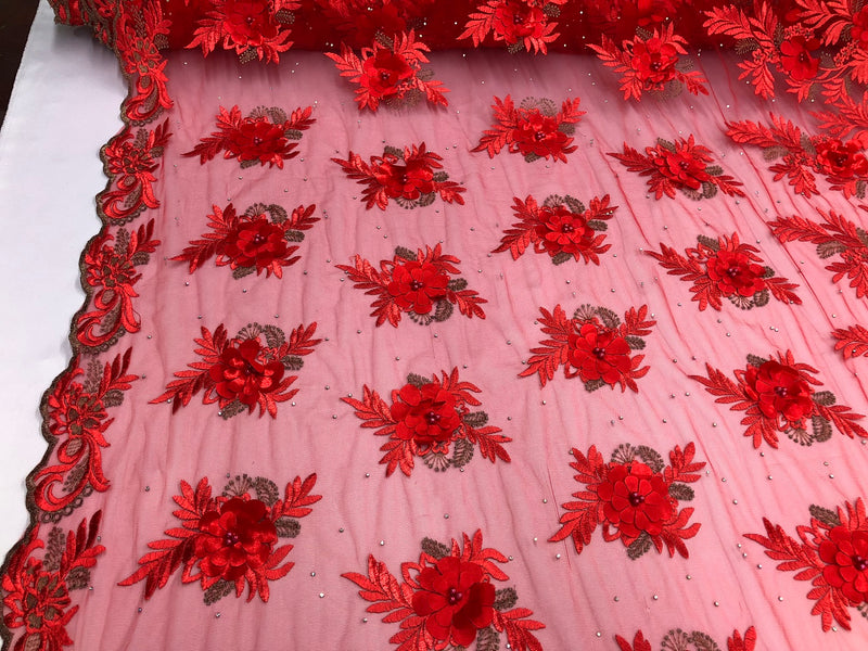 3D Embroided Flower Pattern Fabric with Two Tone Leaf Color - Red - Elegant 3D Flowers By The Yard
