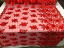 3D Embroided Flower Pattern Fabric with Two Tone Leaf Color - Red - Elegant 3D Flowers By The Yard