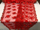 3D Embroided Flower Pattern Fabric with Two Tone Leaf Color - Red - Elegant 3D Flowers By The Yard
