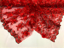 3D Embroided Flower Pattern Fabric with Two Tone Leaf Color - Red - Elegant 3D Flowers By The Yard