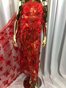 3D Embroided Flower Pattern Fabric with Two Tone Leaf Color - Red - Elegant 3D Flowers By The Yard