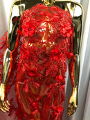 3D Embroided Flower Pattern Fabric with Two Tone Leaf Color - Red - Elegant 3D Flowers By The Yard