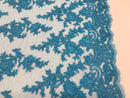 Turquoise - Floral Hand Beaded Embroidered Pattern Bridal Lace Wedding Fabric Sold by The Yard
