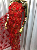 3D Embroided Flower Pattern Fabric with Two Tone Leaf Color - Red - Elegant 3D Flowers By The Yard