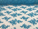 Turquoise - Floral Hand Beaded Embroidered Pattern Bridal Lace Wedding Fabric Sold by The Yard