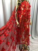 3D Embroided Flower Pattern Fabric with Two Tone Leaf Color - Red - Elegant 3D Flowers By The Yard