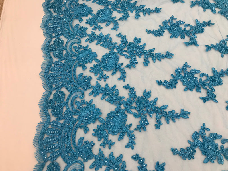 Turquoise - Floral Hand Beaded Embroidered Pattern Bridal Lace Wedding Fabric Sold by The Yard
