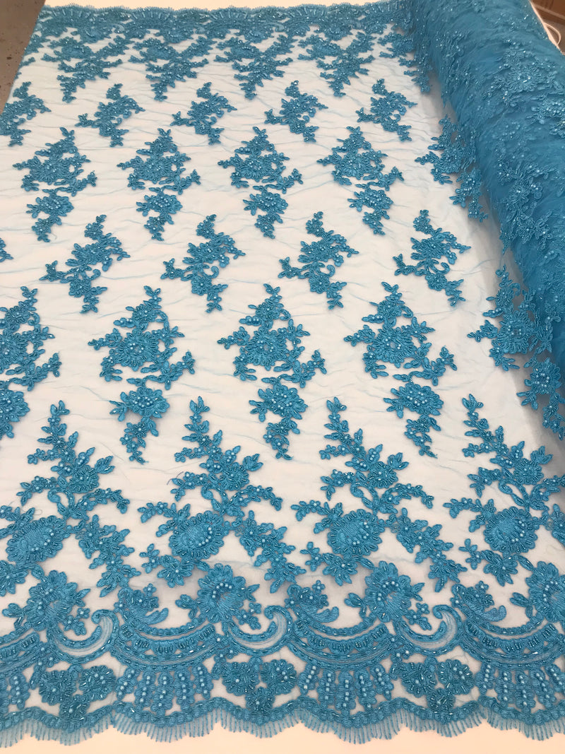 Turquoise - Floral Hand Beaded Embroidered Pattern Bridal Lace Wedding Fabric Sold by The Yard