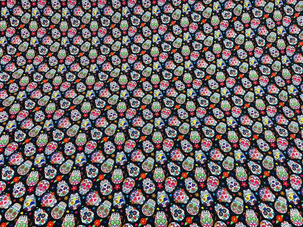 Sugar Skull Print - Black - Sugar Skull Day of The Dead Dia De Los Muertos Spandex Fabric By Yard