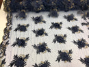 3D Embroided Flower Pattern Fabric with Two Tone Leaf Color Navy - Elegant 3D Flowers by The Yard