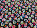 Sugar Skull Print - Black - Sugar Skull Day of The Dead Dia De Los Muertos Spandex Fabric By Yard