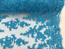 Turquoise - Floral Hand Beaded Embroidered Pattern Bridal Lace Wedding Fabric Sold by The Yard