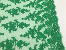 Green - Floral Hand Beaded Embroidered Pattern Bridal Lace Wedding Fabric Sold by The Yard