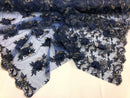 3D Embroided Flower Pattern Fabric with Two Tone Leaf Color Navy - Elegant 3D Flowers by The Yard