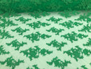 Green - Floral Hand Beaded Embroidered Pattern Bridal Lace Wedding Fabric Sold by The Yard