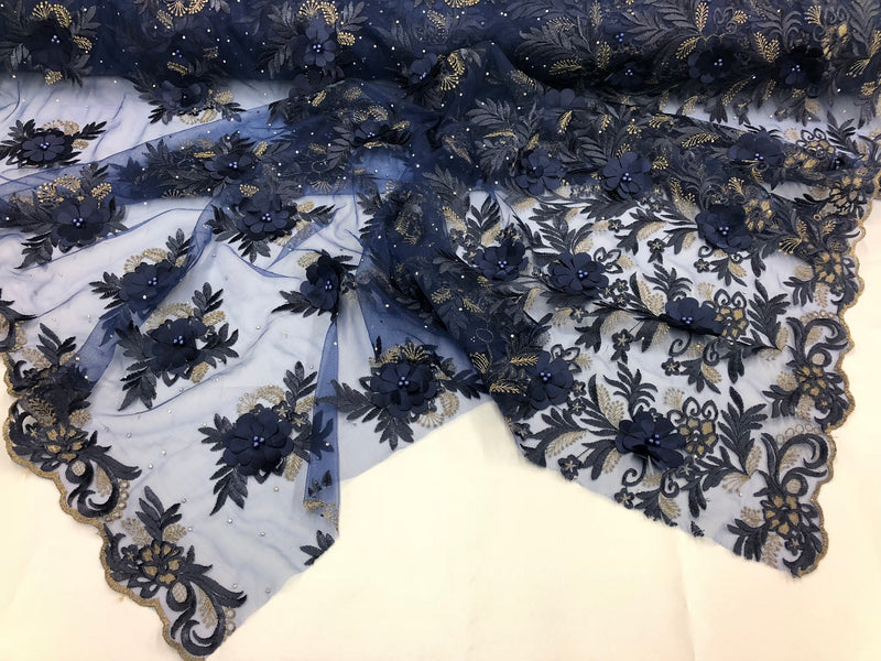 3D Embroided Flower Pattern Fabric with Two Tone Leaf Color Navy - Elegant 3D Flowers by The Yard