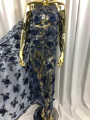 3D Embroided Flower Pattern Fabric with Two Tone Leaf Color Navy - Elegant 3D Flowers by The Yard