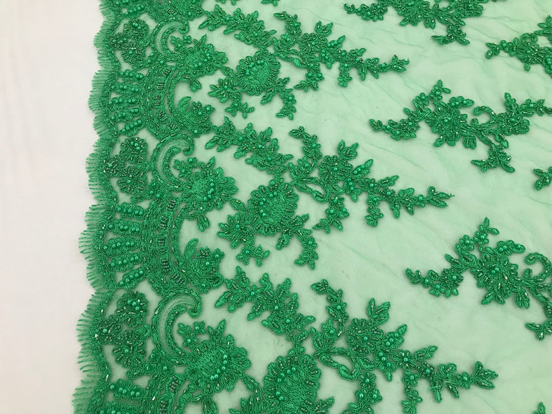 Green - Floral Hand Beaded Embroidered Pattern Bridal Lace Wedding Fabric Sold by The Yard
