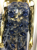 3D Embroided Flower Pattern Fabric with Two Tone Leaf Color Navy - Elegant 3D Flowers by The Yard