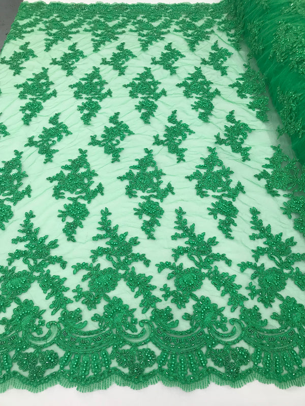 Green - Floral Hand Beaded Embroidered Pattern Bridal Lace Wedding Fabric Sold by The Yard