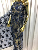 3D Embroided Flower Pattern Fabric with Two Tone Leaf Color Navy - Elegant 3D Flowers by The Yard