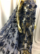 3D Embroided Flower Pattern Fabric with Two Tone Leaf Color Navy - Elegant 3D Flowers by The Yard